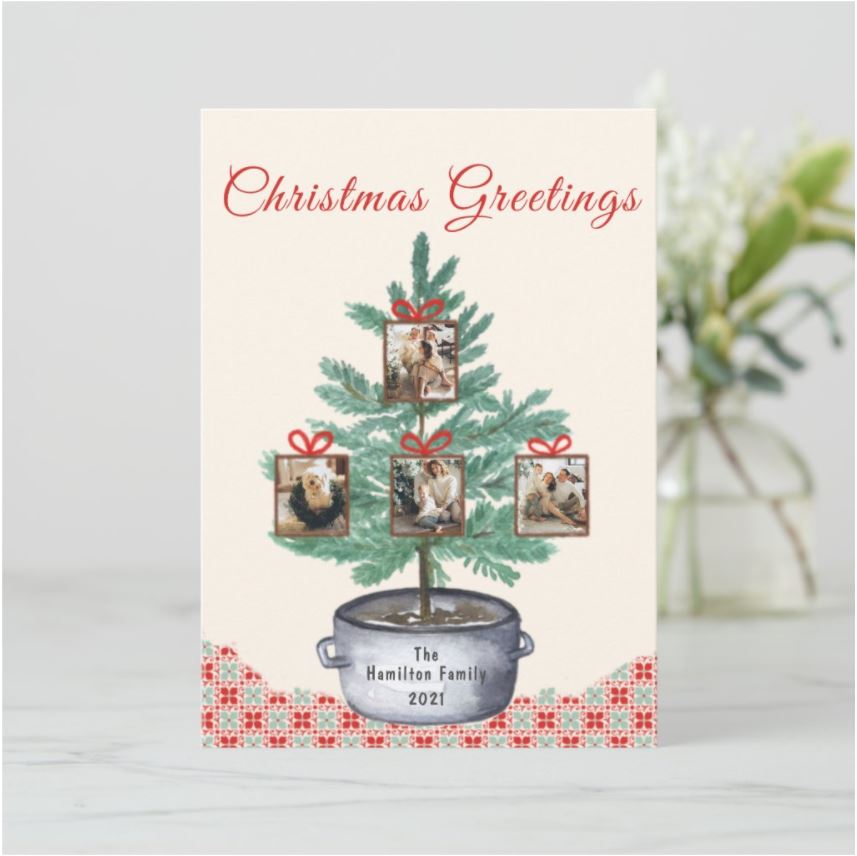 Photo Merry Christmas Watercolor Tree Four Picture Holiday Card